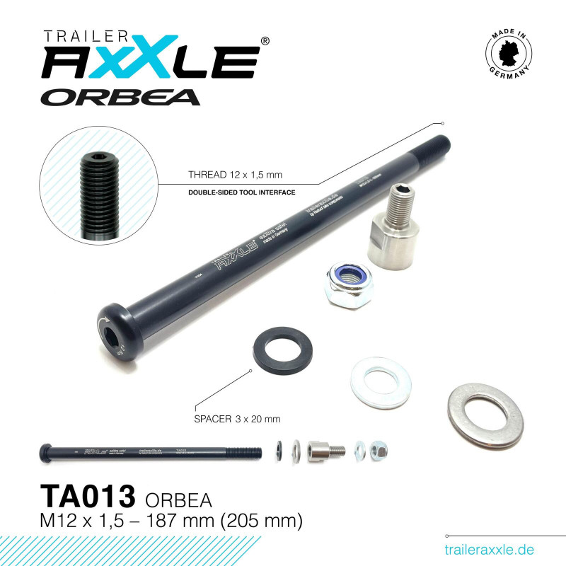 RADOXX components, Trailer AxXle, Velo Trailer Achse, einzeln , Trailer AxXle TA013 Orbea, M12x1.5, Länge 180 mm