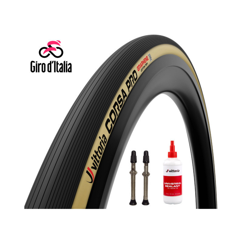 Vittoria Corsa Pro TLR 700x32C (Giro d'Italia Bundle), 32-622 faltbar Cores/Graph 2.0 br/schw (inkl. Milch u. 60mm Ventil)