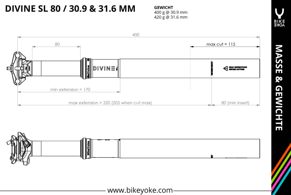 BikeYoke Divine SL Dropper Post, ø 31.6 mm/80 mm, ohne Hebel.