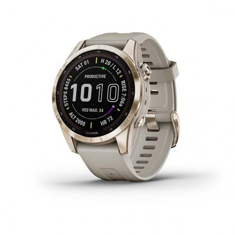 Garmin fēnix® 7S – Sapphire Solar Edition, cremegoldenes Titan mit beigefarbenem