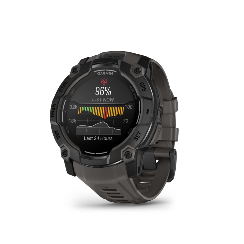 Garmin Instinct 3 – 50 mm, AMOLED, mit Silikon-Wechselarmband 26 mm Twilight, Sportuhr, Schwarz