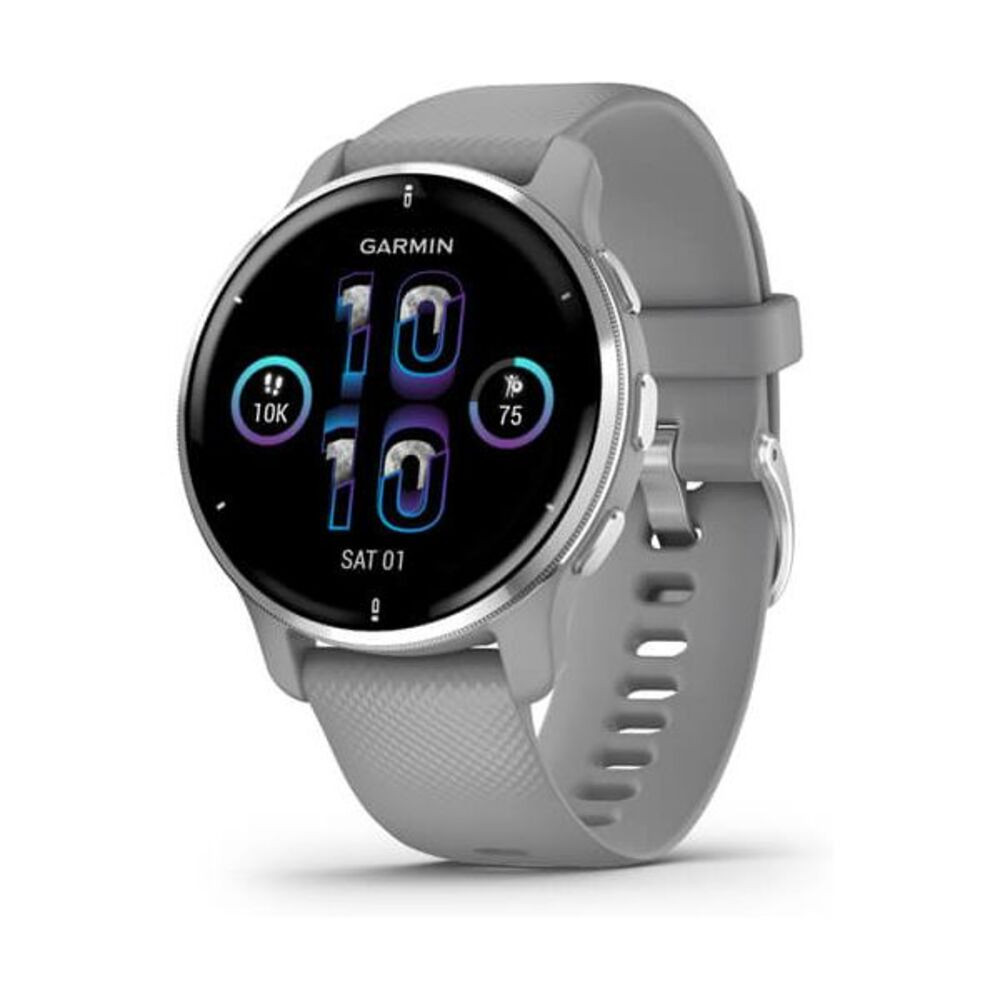 Garmin Venu® 2 Plus, Silberne Edelstahllünette Mit Hellgrauem Gehäuse Und Silikonarmband